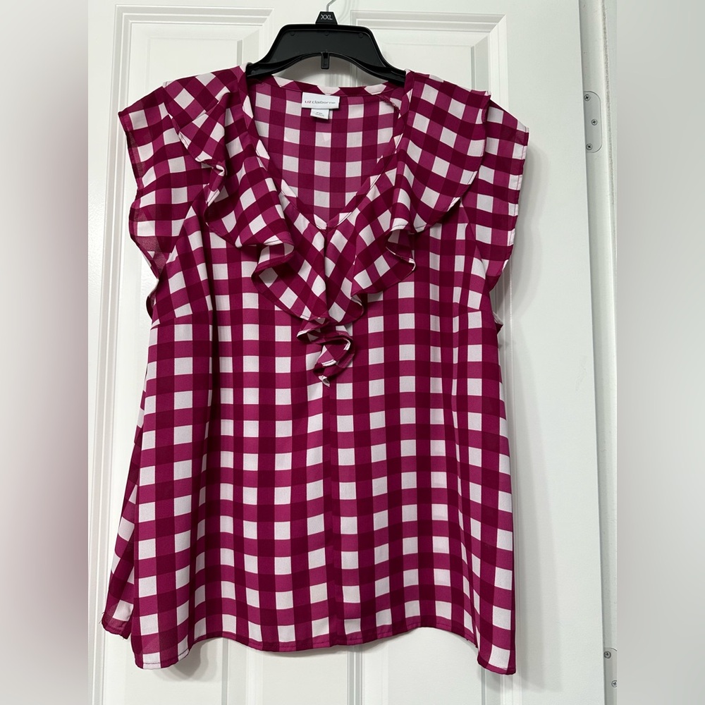Liz Claiborne PXL Burgundy & White Checked Blouse, Excellent Condition